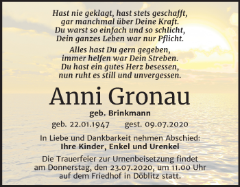 Traueranzeige von Anni Gronau von Mitteldeutsche Zeitung Halle/Saalkreis