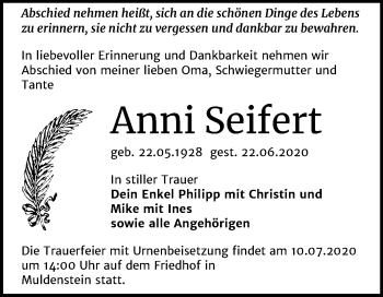 Traueranzeige von Anni Seifert von Mitteldeutsche Zeitung Bitterfeld
