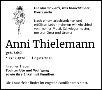 Traueranzeige von Anni Thielemann von Mitteldeutsche Zeitung Bernburg