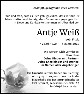 Traueranzeige von Antje Weiß von Mitteldeutsche Zeitung Naumburg/Nebra
