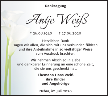 Traueranzeige von Antje Weiß von Wochenspiegel Naumburg/Nebra