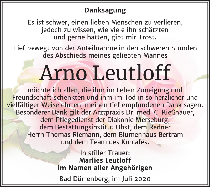  Traueranzeige für Arno Leutloff vom 11.07.2020 aus Super Sonntag Merseburg/Querfurt