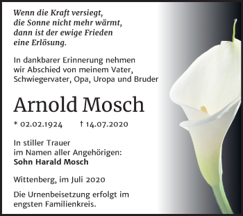 Traueranzeige von Arnold Mosc von Super Sonntag Wittenberg