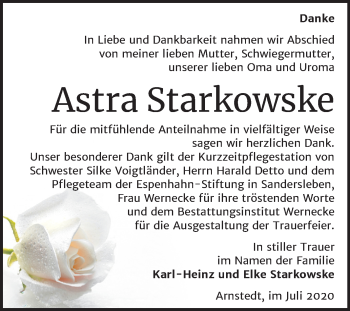 Traueranzeige von Astra Starkowske von Mitteldeutsche Zeitung Mansfelder Land