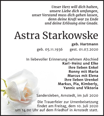 Traueranzeige von Astra Starkowske von Wochenspiegel Mansfelder Land