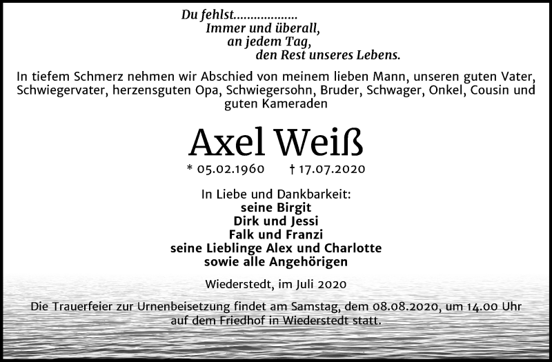  Traueranzeige für Axel Weiß vom 25.07.2020 aus Mitteldeutsche Zeitung Mansfelder Land