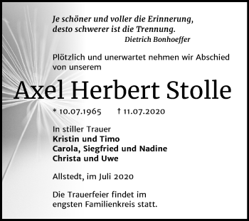 Traueranzeige von Axel Herbert Stolle von Super Sonntag Sangerhausen