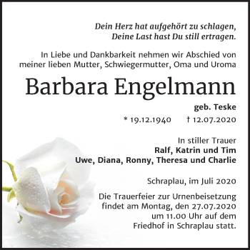 Traueranzeige von Barbara Engelmann von Super Sonntag Merseburg/Querfurt