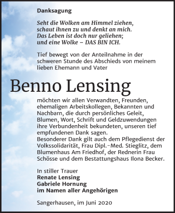 Traueranzeige von Benno Lensing von Super Sonntag Sangerhausen