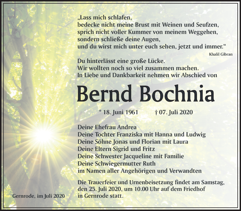  Traueranzeige für Bernd Bochnia vom 18.07.2020 aus Mitteldeutsche Zeitung Quedlinburg