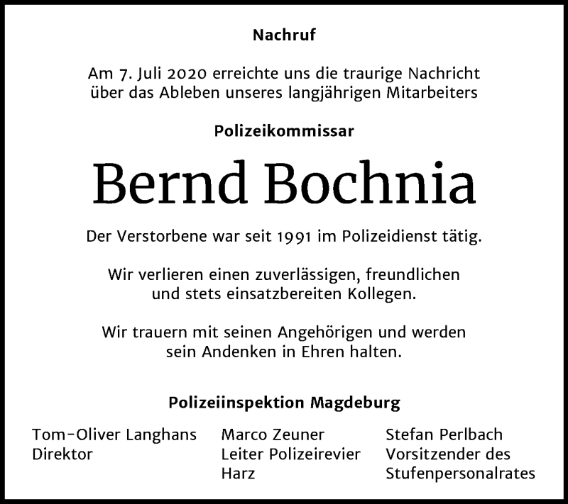  Traueranzeige für Bernd Bochnia vom 18.07.2020 aus Mitteldeutsche Zeitung Quedlinburg