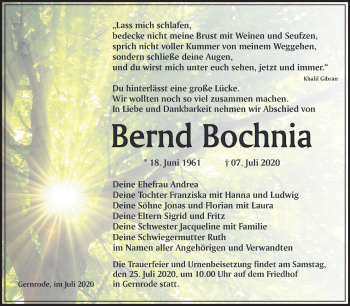 Traueranzeige von Bernd Bochnia von Mitteldeutsche Zeitung Quedlinburg