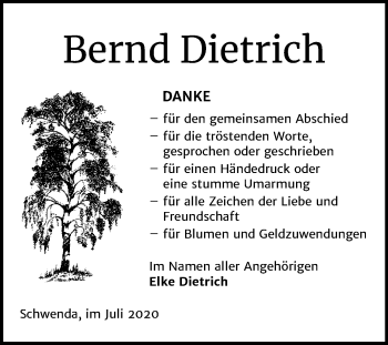 Traueranzeige von Bernd Dietrich von Mitteldeutsche Zeitung Sangerhausen