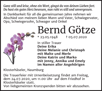 Traueranzeige von Bernd Götze von Wochenspiegel Naumburg/Nebra