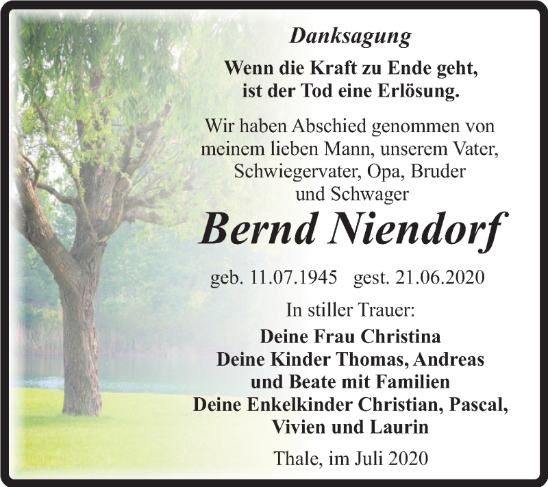  Traueranzeige für Bernd Niendorf vom 25.07.2020 aus Mitteldeutsche Zeitung Quedlinburg
