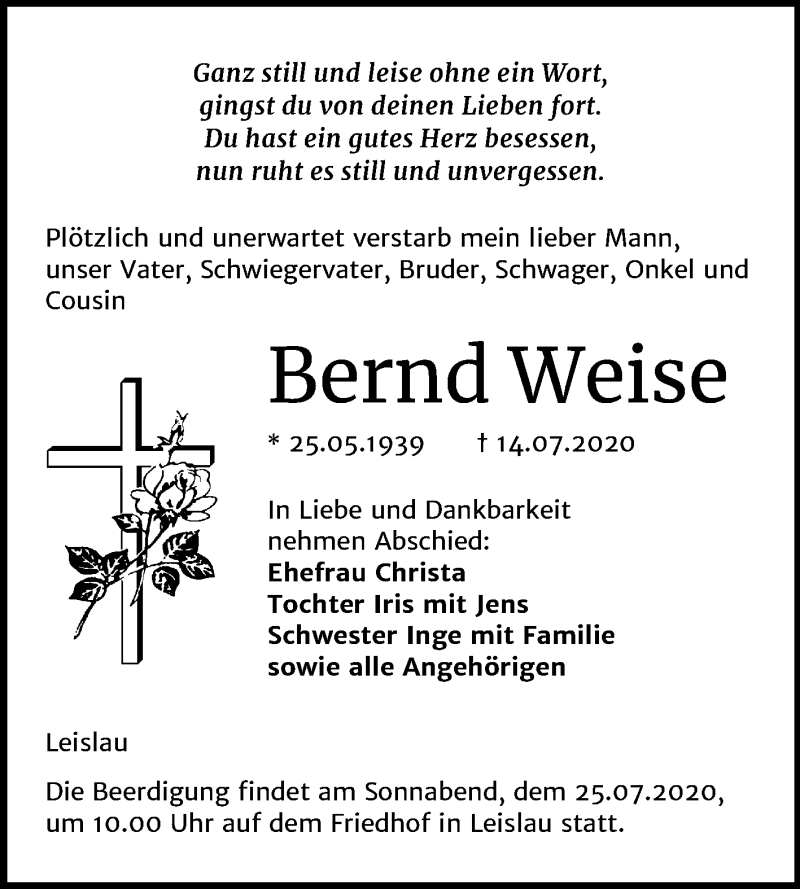  Traueranzeige für Bernd Weise vom 18.07.2020 aus Mitteldeutsche Zeitung Naumburg/Nebra