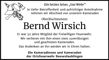 Traueranzeige von Bernd Wirsich von Super Sonntag Bernburg