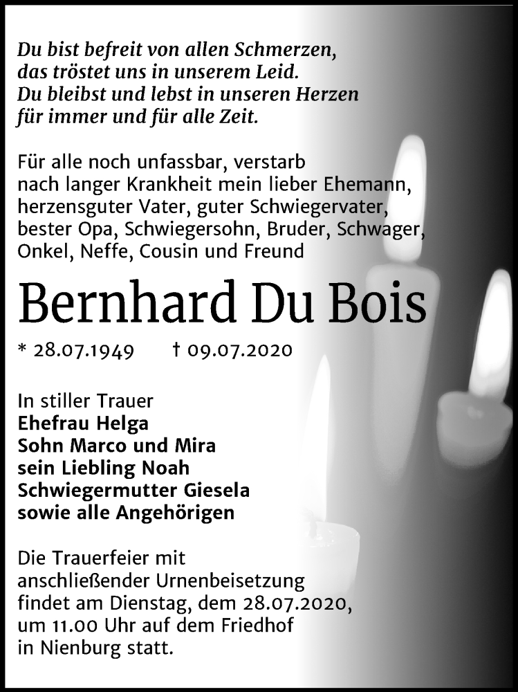  Traueranzeige für Bernhard Du Bois vom 18.07.2020 aus Super Sonntag Bernburg