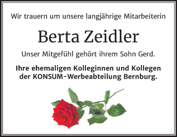 Traueranzeige von Berta Zeidler von Mitteldeutsche Zeitung Bernburg