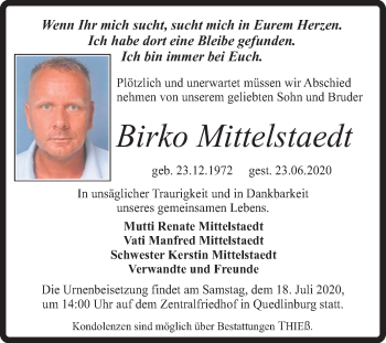 Traueranzeige von Birko Mittelstaedt von Mitteldeutsche Zeitung Quedlinburg