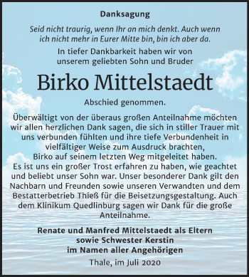 Traueranzeige von Birko Mittelstaedt von Mitteldeutsche Zeitung Quedlinburg