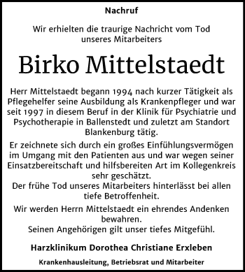 Traueranzeige von Birko Mittelstaedt von Mitteldeutsche Zeitung Quedlinburg