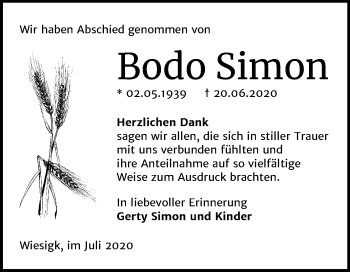 Traueranzeige von Bodo Simon von Super Sonntag Wittenberg