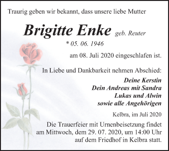 Traueranzeige von Brigitte Enke von Mitteldeutsche Zeitung Sangerhausen