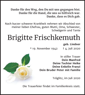 Traueranzeige von Brigitte Frischkemuth von Mitteldeutsche Zeitung Zeitz