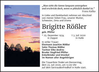 Traueranzeige von Brigitte Rößler von Mitteldeutsche Zeitung Halle/Saalkreis