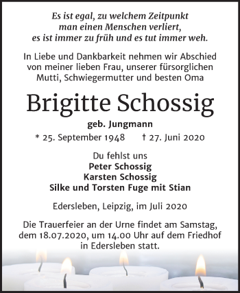 Traueranzeige von Brigitte Schossig von Mitteldeutsche Zeitung Sangerhausen