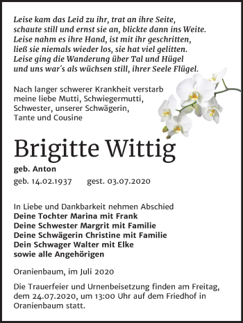 Traueranzeige von Brigitte Wittig von Mitteldeutsche Zeitung Wittenberg