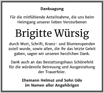 Traueranzeige von Brigitte Würsig von Wochenspiegel Merseburg/Querfurt