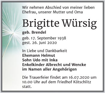 Traueranzeige von Brigitte Würsig von Wochenspiegel Merseburg/Querfurt
