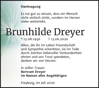 Traueranzeige von Brunhilde Dreyer von Wochenspiegel Naumburg/Nebra