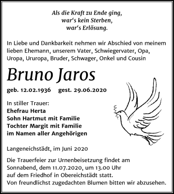Traueranzeige von Bruno Jaros von Super Sonntag Merseburg/Querfurt