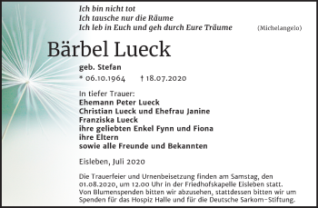 Traueranzeige von Bärbel Lueck von Mitteldeutsche Zeitung Mansfelder Land