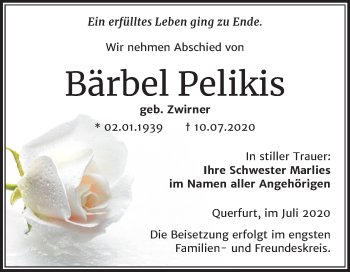 Traueranzeige von Bärbel Pelikis von Super Sonntag Merseburg/Querfurt
