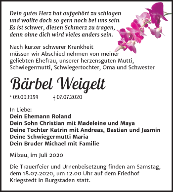 Traueranzeige von Bärbel Weigelt von Super Sonntag Merseburg/Querfurt