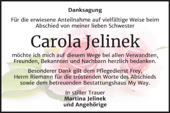 Traueranzeige von Carola Jelinek von Mitteldeutsche Zeitung Weißenfels