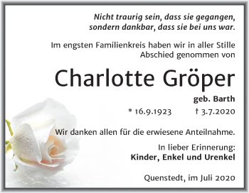 Traueranzeige von Charlotte Gröper von Super Sonntag Mansfelder Land