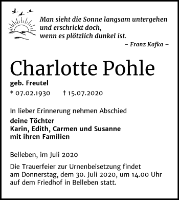 Traueranzeige von Charlotte Pohle von Wochenspiegel Bernburg