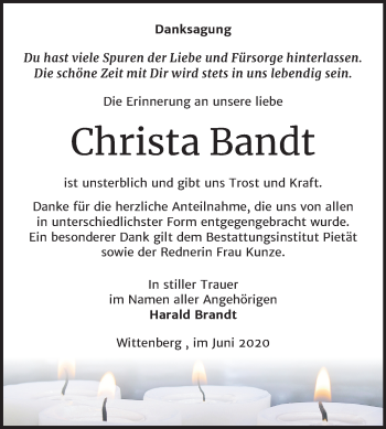 Traueranzeige von Christa Bandt von Super Sonntag Wittenberg
