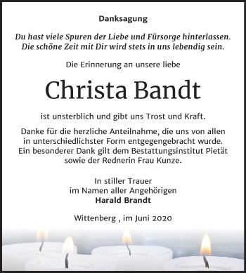 Traueranzeige von Christa Bandt von Mitteldeutsche Zeitung Wittenberg