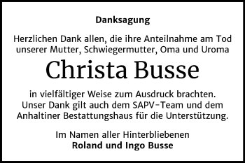 Traueranzeige von Christa Busse von Mitteldeutsche Zeitung Dessau-Roßlau