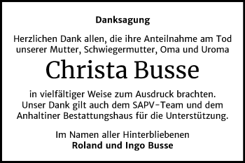 Traueranzeige von Christa Busse von Super Sonntag Dessau-Roßlau