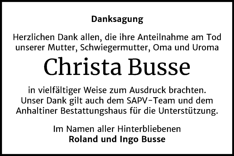  Traueranzeige für Christa Busse vom 18.07.2020 aus Super Sonntag Dessau-Roßlau