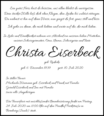 Traueranzeige von Christa Eiserbeck von Mitteldeutsche Zeitung Bernburg