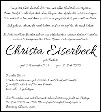 Traueranzeige von Christa Eiserbeck von Super Sonntag Bernburg