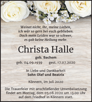 Traueranzeige von Christa Halle von Mitteldeutsche Zeitung Bernburg